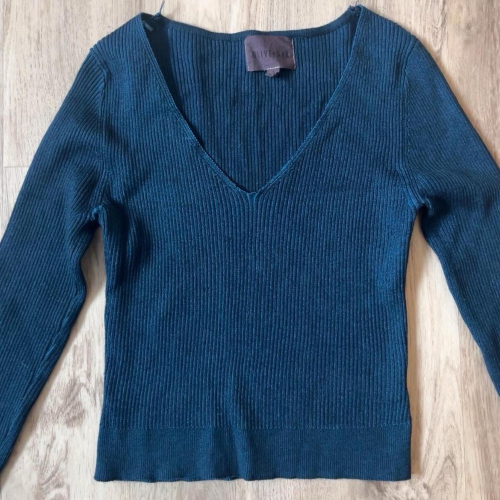 Dark Blue Ribbed V-Neck Sweater - Picture 2 of 4